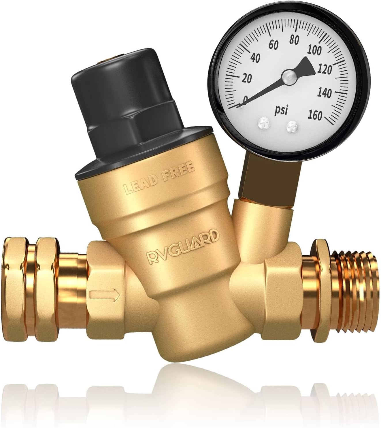 Brass Lead-Free Adjustable RV Water Pressure Regulator Valve with Gauge and Inlet Screen Filter T994894