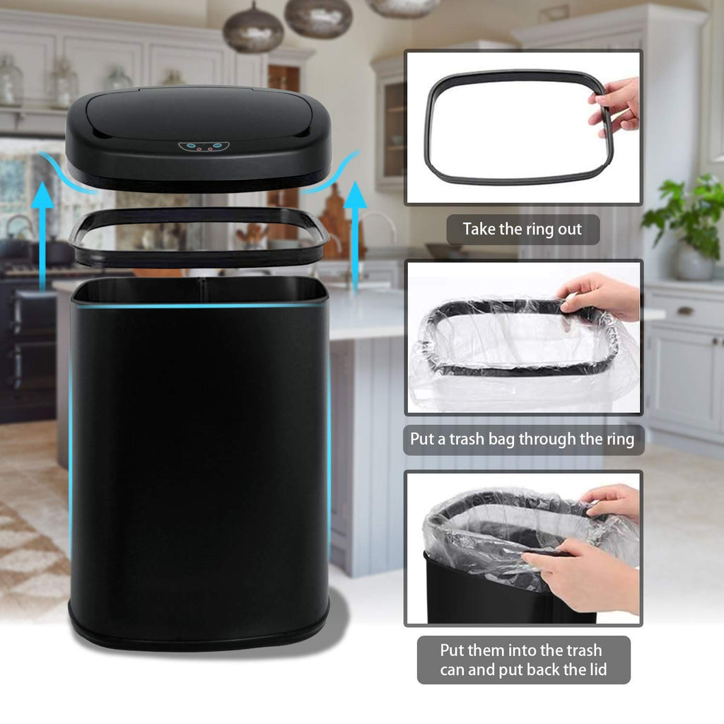 13 Gallon Black Stainless Steel Trash Can with Lid S393674
