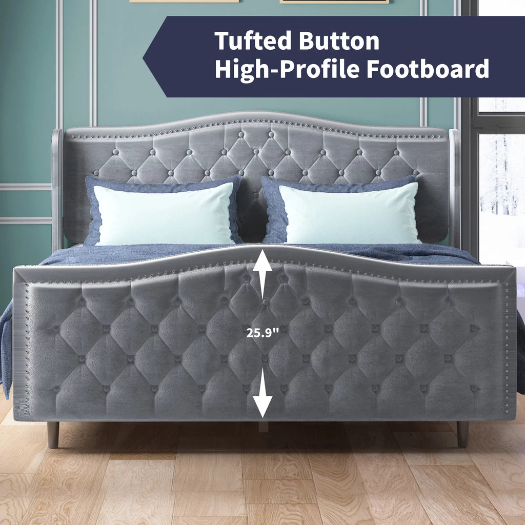 King Size Button Tufted Velvet Platform Bed Frame, Silver Grey W3992