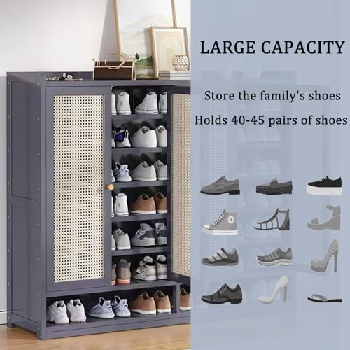 Grey 8 Tier Bamboo Shoe Cabinet with Doors W216