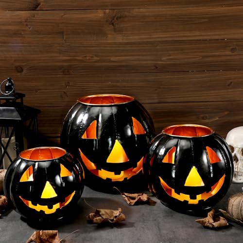 3 Sets Halloween Metal Jack O Lanterns Pumpkin with 3 LED Candles with Black Creepy Cloth Decoration Bundle I762