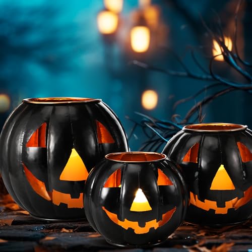 3 Sets Halloween Metal Jack O Lanterns Pumpkin with 3 LED Candles with Black Creepy Cloth Decoration Bundle I762