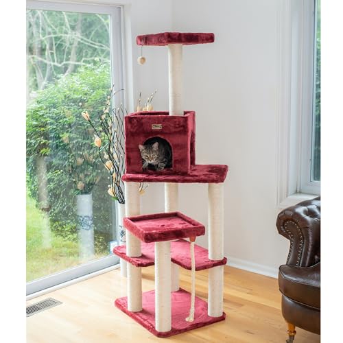 Burgundy Real Wood Cat Tower with Faux Fur E2181