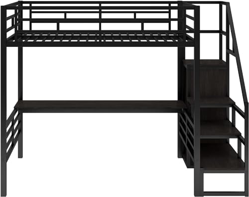 Full Size Metal Loft Bed with Desk and Wardrobe H7980