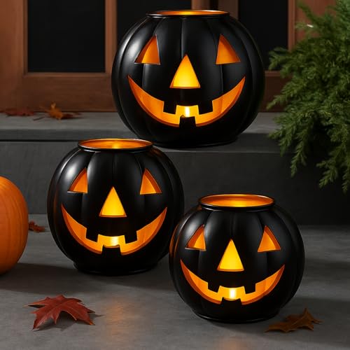 3 Sets Halloween Metal Jack O Lanterns Pumpkin with 3 LED Candles with Black Creepy Cloth Decoration Bundle I762