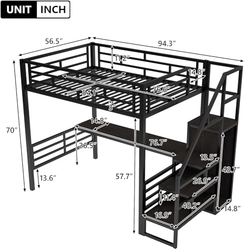 Full Size Metal Loft Bed with Desk and Wardrobe H7980