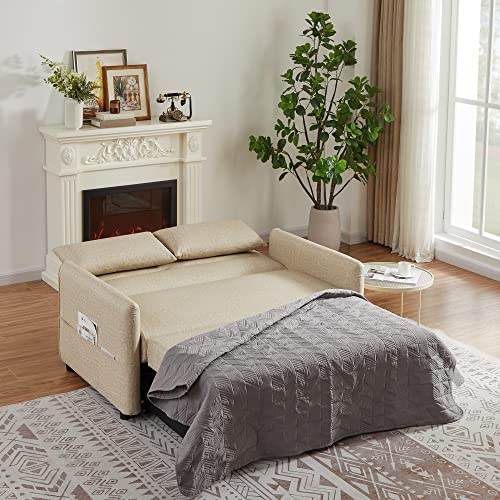 Convertible Sleeper Sofa Bed 57 Inches Velvet 2 Seats with Pull Out Bed Adjustable Backrest 2 Pillows Side Pocket Light Brown P8510