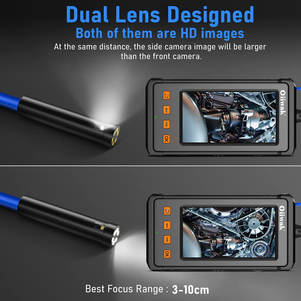 33FT Dual Lens Industrial Endoscope Camera with 7 LED Lights 4.3 IPS Screen IP68 Waterproof Probe P3875