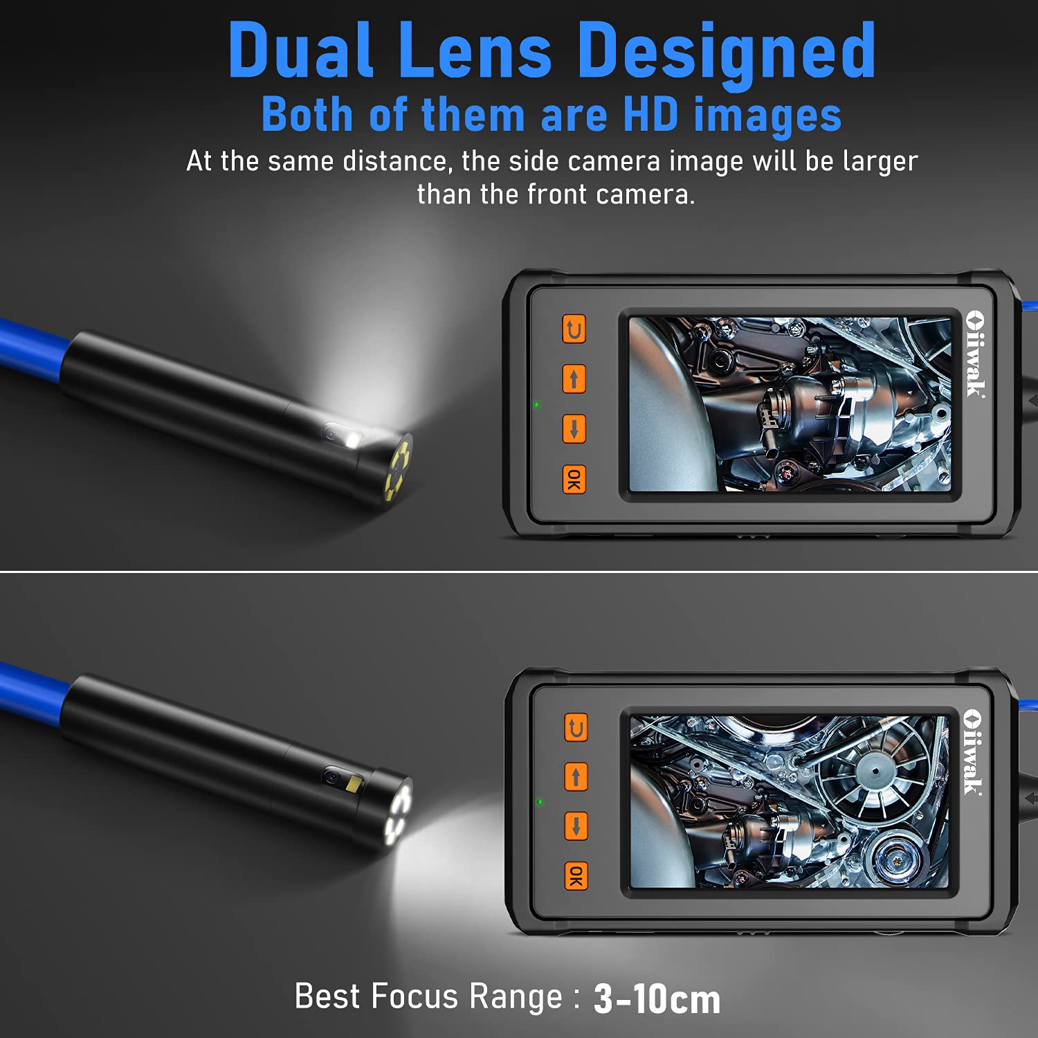 33FT Dual Lens Industrial Endoscope Camera with 7 LED Lights 4.3 IPS Screen IP68 Waterproof Probe P3875