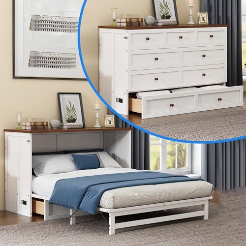 White+Walnut Full Wood Murphy Bed with Storage Drawers U192