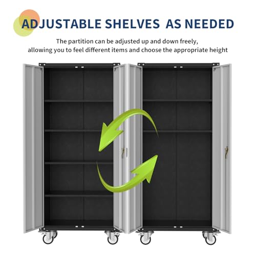 Metal Storage Cabinet 72" H with Wheels, Steel Tool Cabinet with Lock and 4 Adjustable Shelves C18188