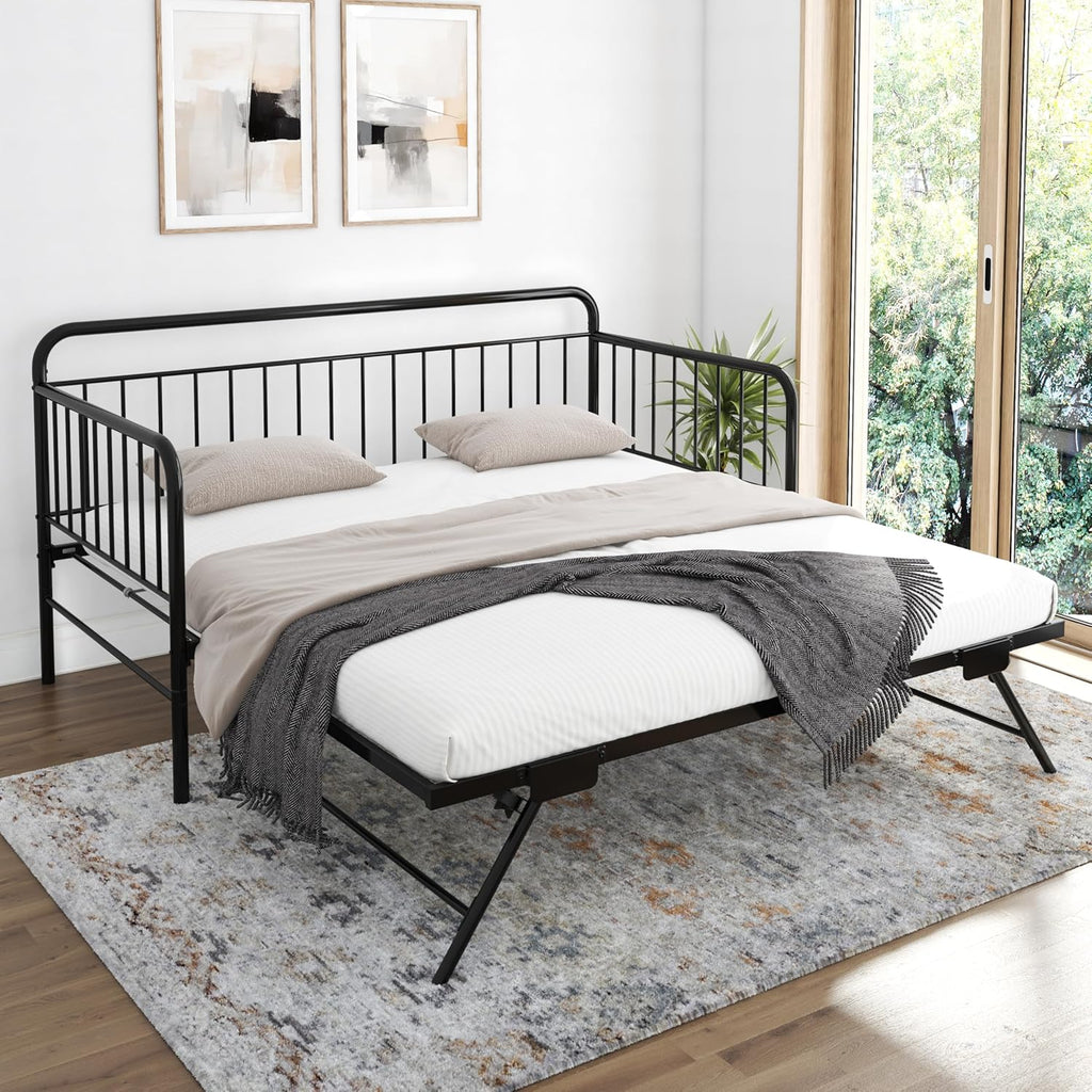 Black Metal Twin Daybed with Pop Up Trundle Bed T5221