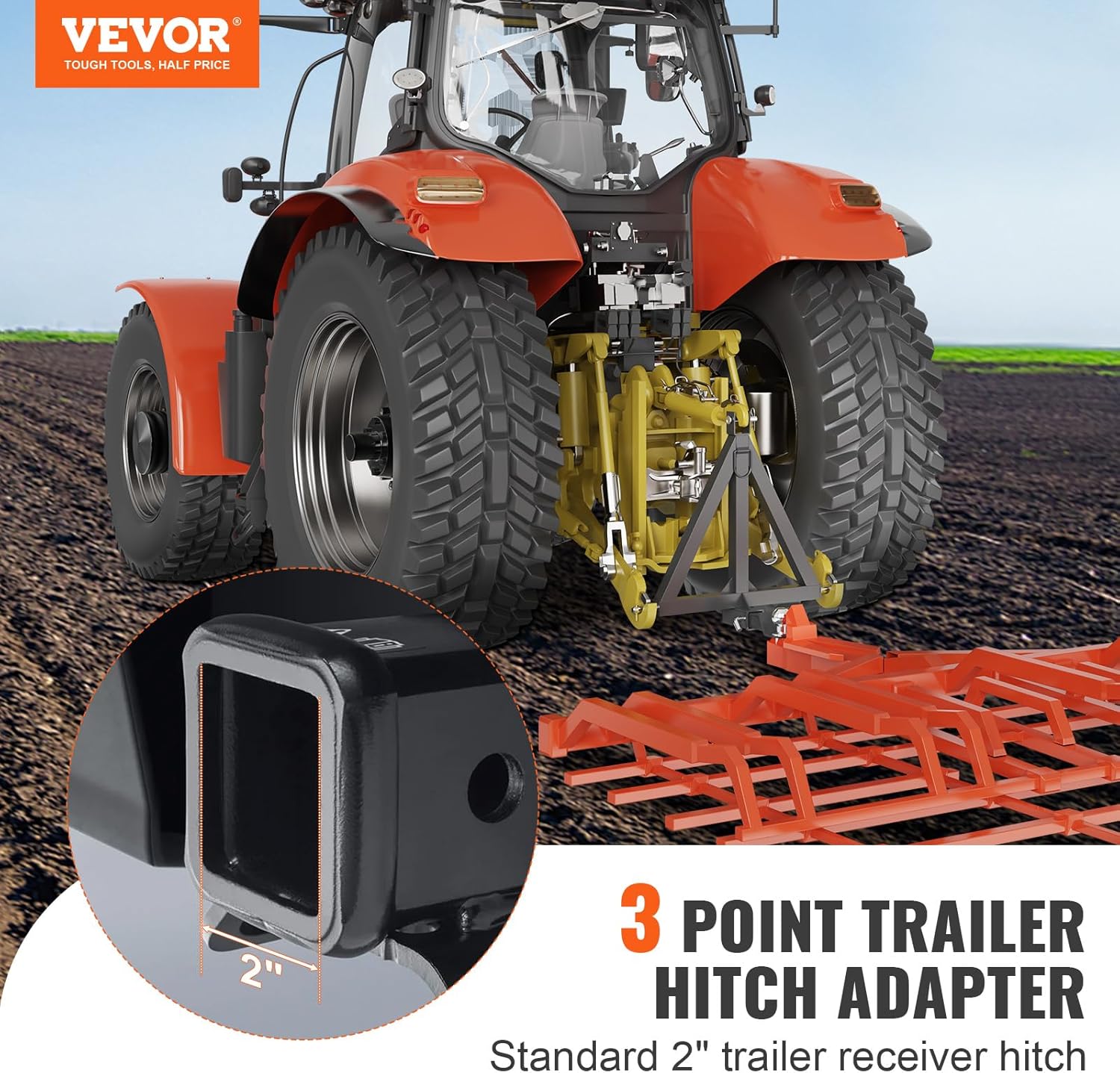 3 Point 2" Receiver Trailer Hitch Category 1 Tractor Tow Drawbar Adapter with Pins K8244