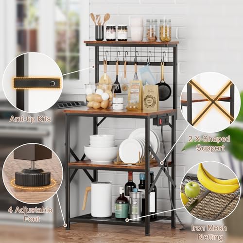 Rustic Brown 4 Tiers Kitchen Shelf Rack with Power Outlet F422765