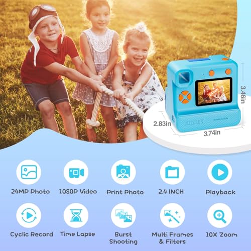 Blue FHD Selfie Digital Video Camera with 3 Rolls Print Paper & 32G Card H684327