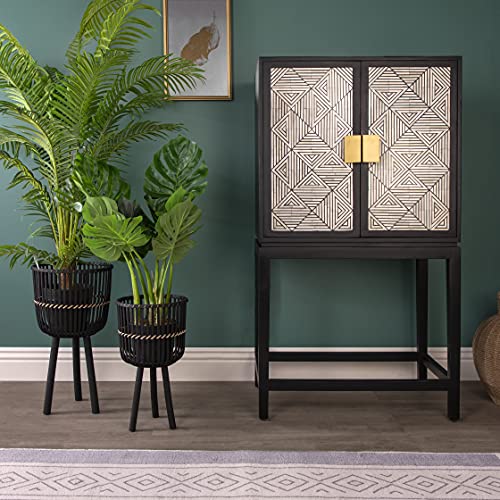 Set of 2 Bamboo Wood Planters on Stands, Brown/Black V402