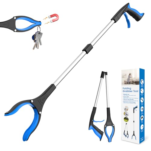 32" Foldable Reacher Grabber Tool with 360° Rotating Jaw & Magnet, Blue W130508