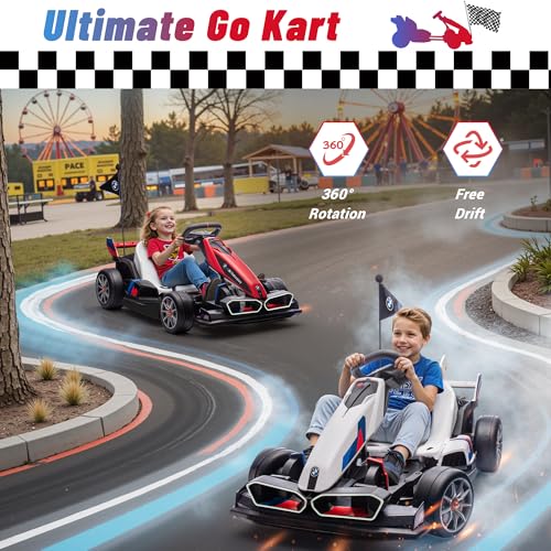24V 9AH Electric Go Kart with Adjustable Seat, 7.5 MPH Drift Kart, 2 * 200W Motors, Grey D64075
