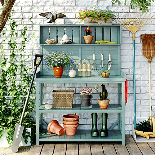 Green 65" Wooden Potting Bench with 4 Storage Shelves X153