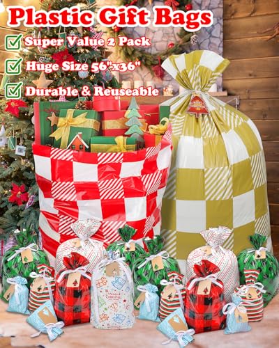 22pcs Drawstrings Christmas Gift Bags Assorted Sizes Reusable Plastic H58334