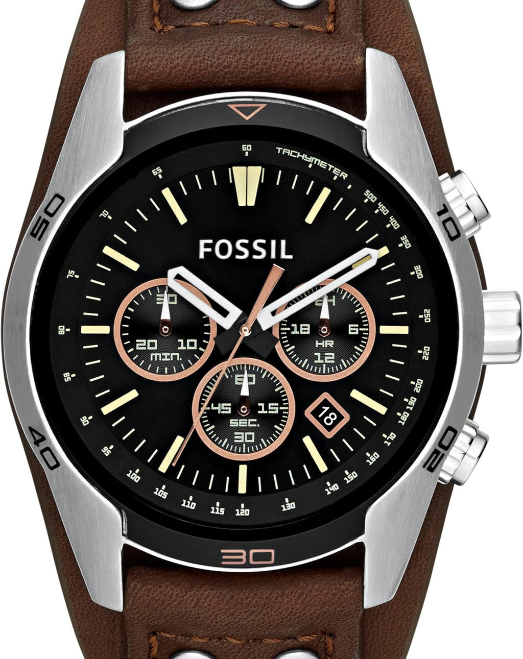 Silver Stainless Steel and Leather Chronograph Watch S838