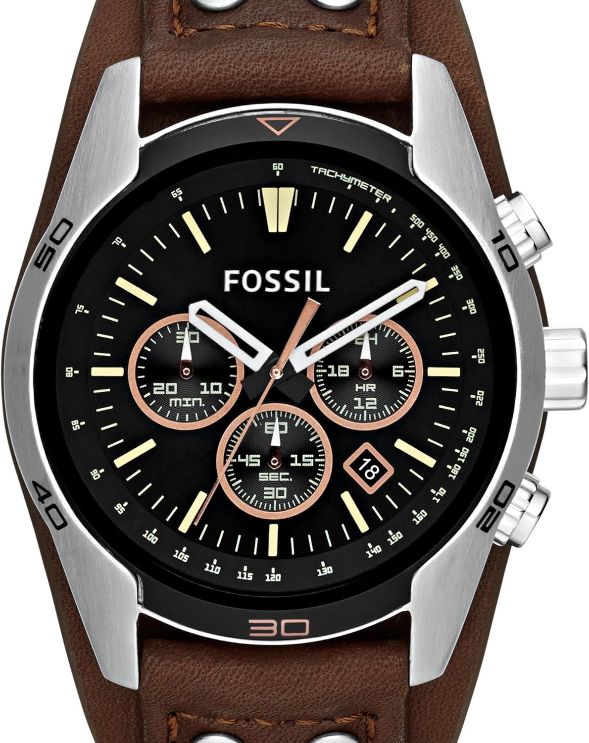 Silver Stainless Steel and Leather Chronograph Watch S838