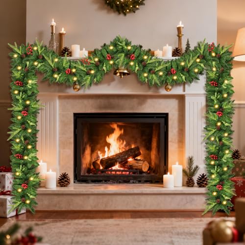 9ft Pre-Lit Artificial Christmas Garland with Pine Cones & Red Berries T8849