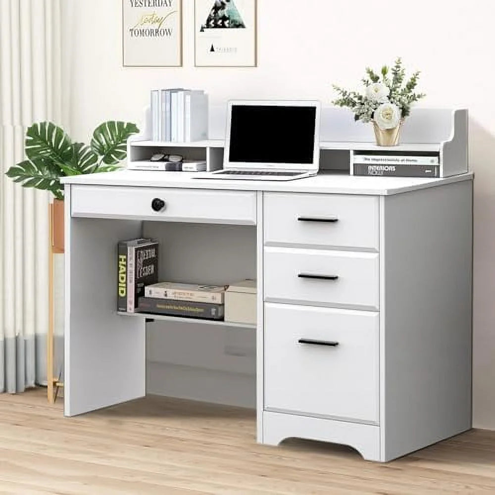 White 44" Wood Desk with 4 Drawers and Hutch T847