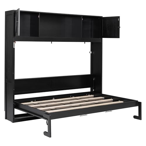 Black Full Horizontal Murphy Bed with Shelves and Storage Bookcase J615