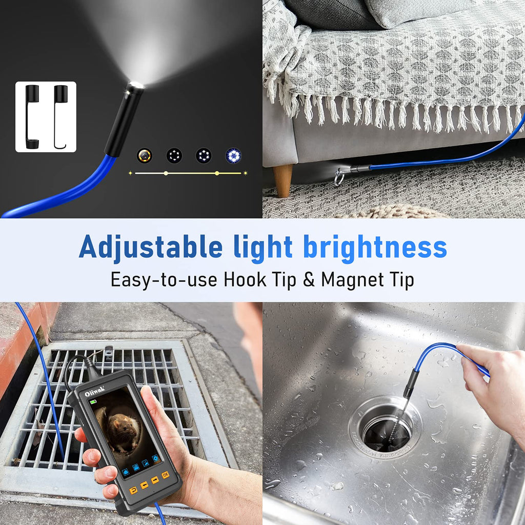 33FT Dual Lens Industrial Endoscope Camera with 7 LED Lights 4.3 IPS Screen IP68 Waterproof Probe P3875