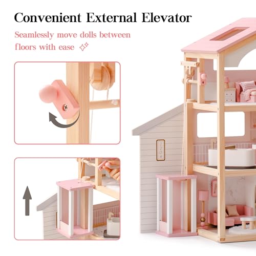 Pink Wooden Dollhouse with 6 Rooms and 29-pcs Furniture Set I1455