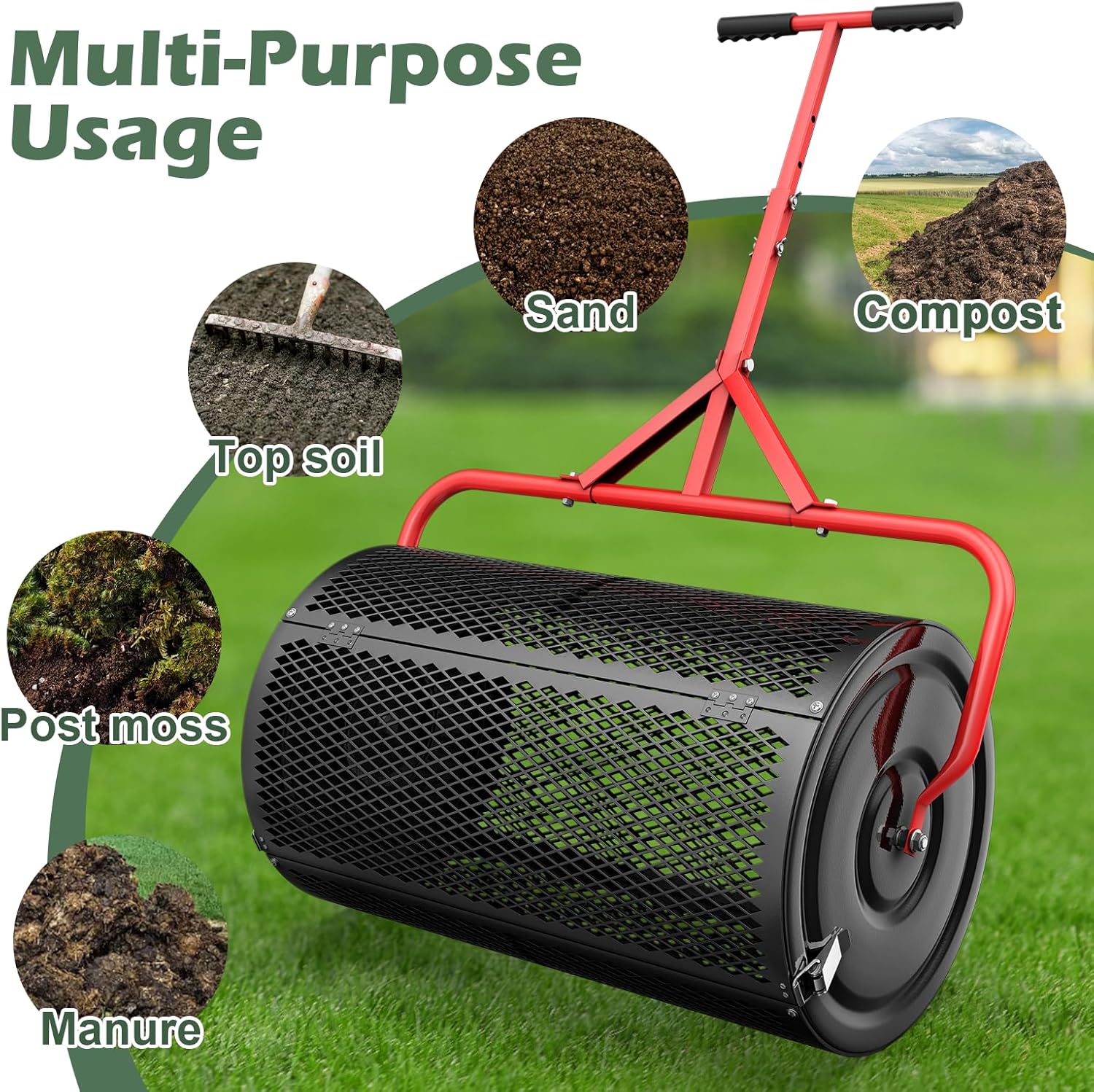 24 Inch Compost Roller Spreader with Adjustable T-Shaped Handle G858