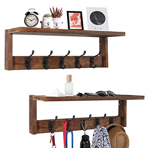 2 Pack Rustic Brown Wood Wall Mount Coat Rack with Shelf Z4270