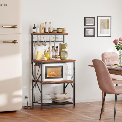 Rustic Brown 4 Tiers Kitchen Shelf Rack with Power Outlet F422765