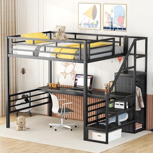 Full Size Metal Loft Bed with Desk and Wardrobe H7980