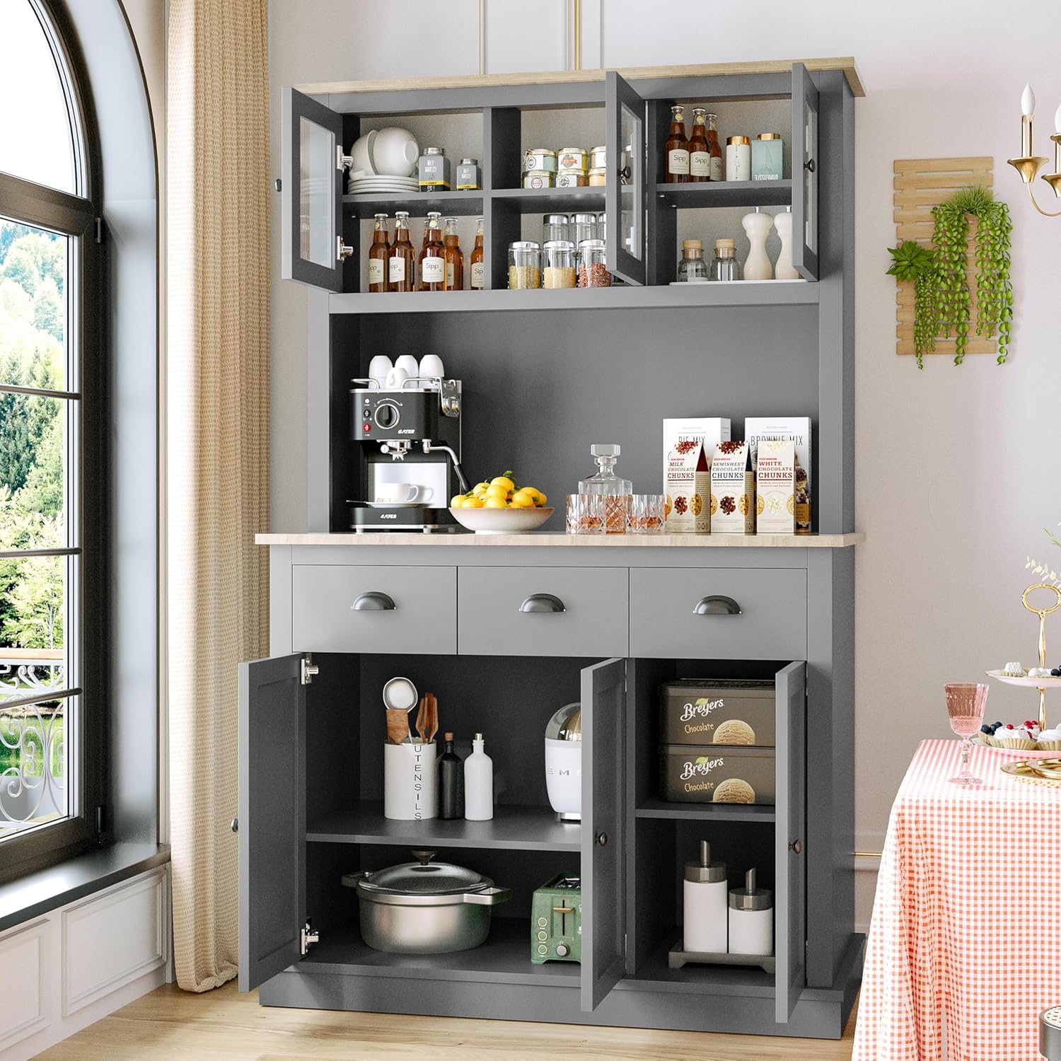 Grey Kitchen Hutch Storage Cabinet with Countertop and Drawers G810
