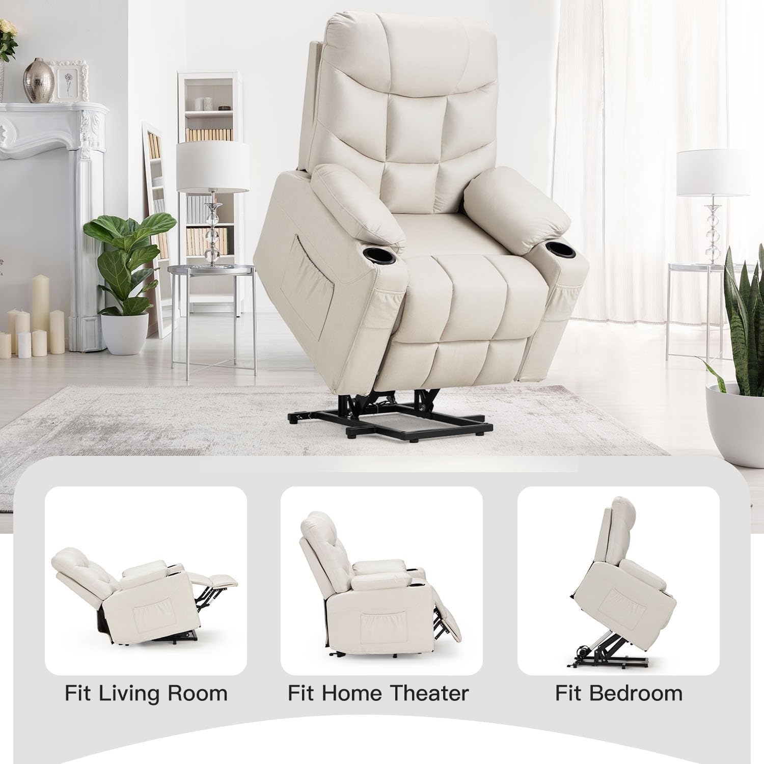 Dual Motor Power Lift Recliner Chair with Massage and Heat, Cup Holders Side Pockets N589