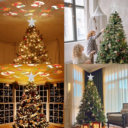 Silver 3D Glitter Lighted Christmas Tree Topper with Rotating LED Lights U645