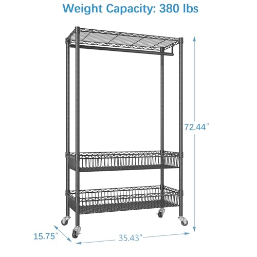 White Rolling Garment Rack with Basket V92538