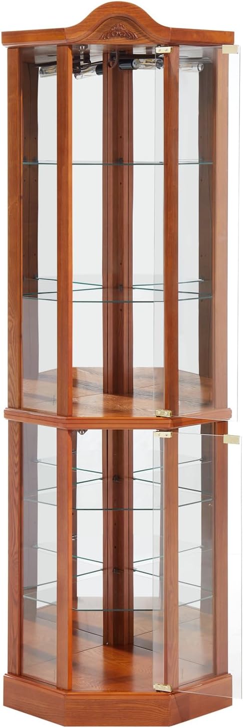 Brown Corner Curio Cabinet with Tempered Glass Doors and Adjustable Shelves U495