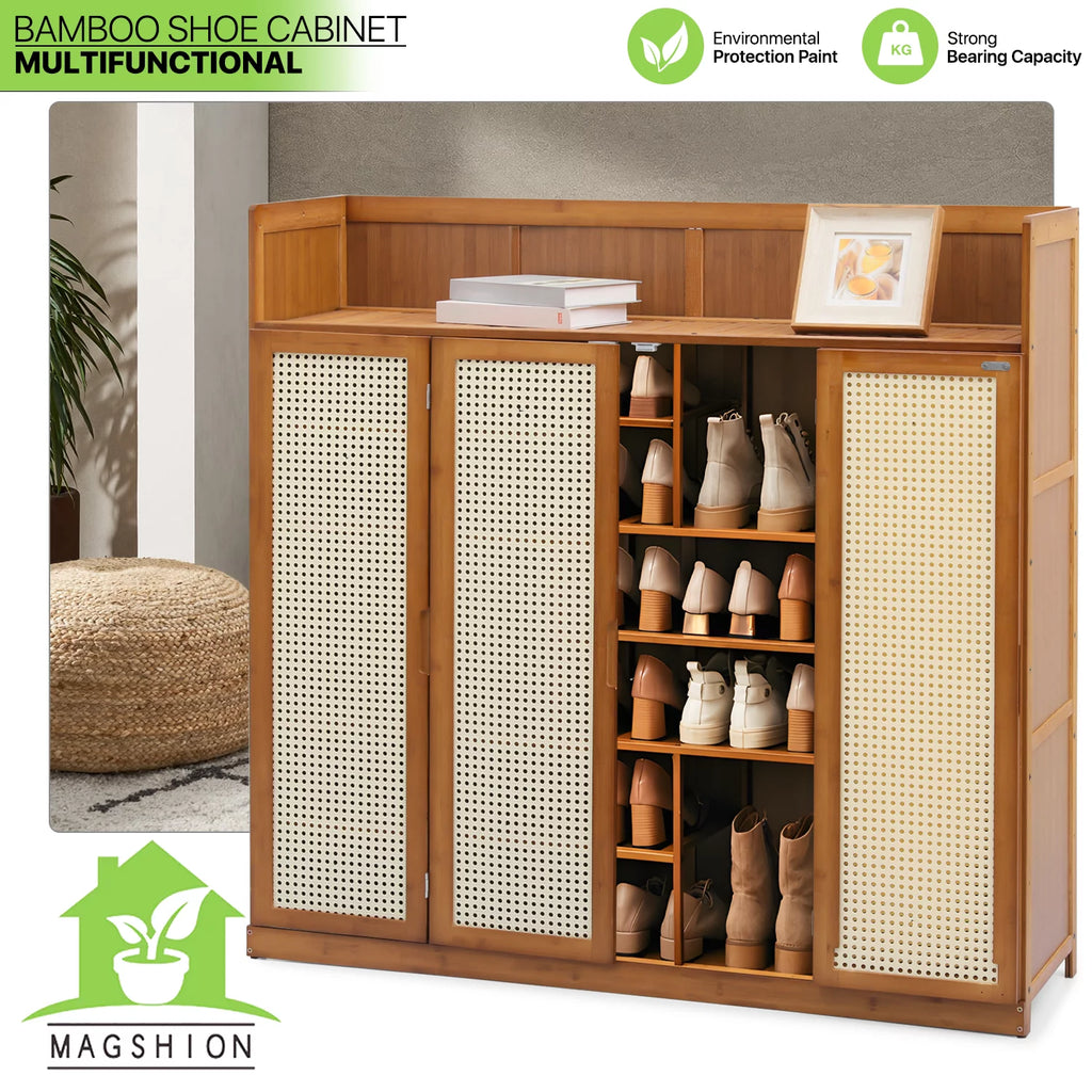 Bamboo 30 Pairs 7-Tier Shoe Cabinet with Folding Rattan Doors and Boots Compartments N749580