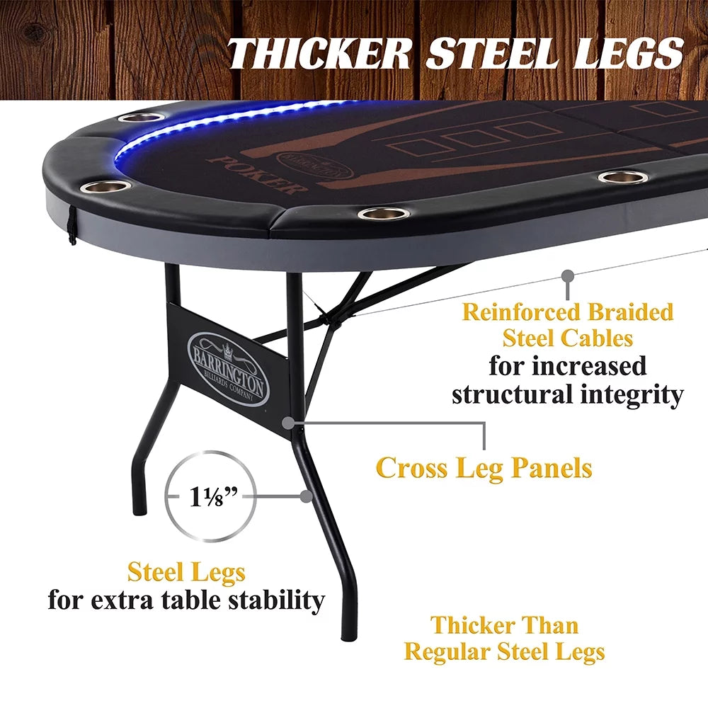 10-Player Poker Table with In-laid LED Lights, Brown and Black L527