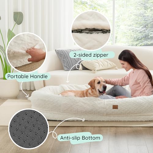 Ivory White 72"x40"x10" Faux Fur Orthopedic Foam Dog Bed with Blanket O434331