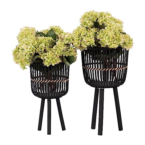 Set of 2 Bamboo Wood Planters on Stands, Brown/Black V402