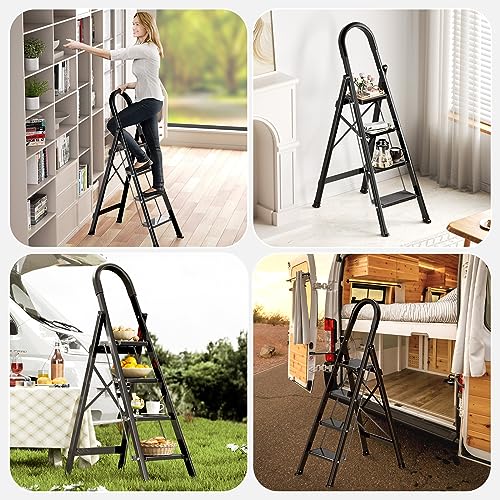 Black Aluminum Folding Step Stool with Handgrip P32819