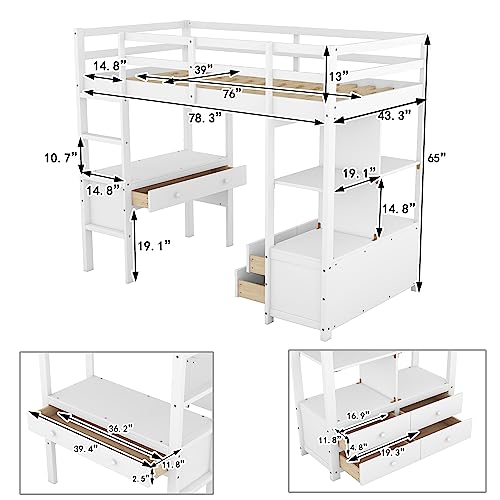 Full Size Solid Wood Loft Bed Frame with Desk and Storage S402977