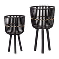 Set of 2 Bamboo Wood Planters on Stands, Brown/Black V402