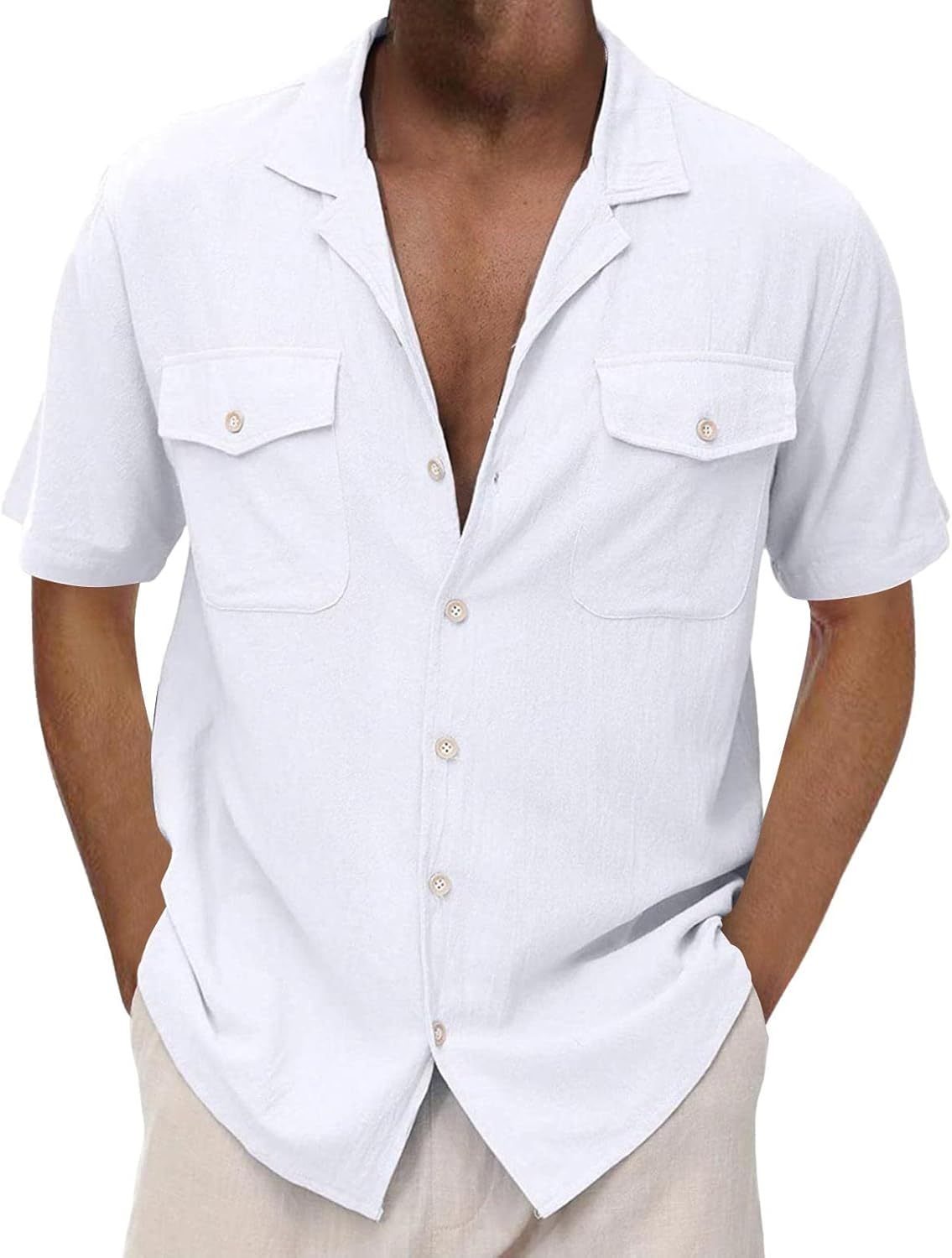 Men's Cotton Linen Short Sleeve Button Down Shirts I4192