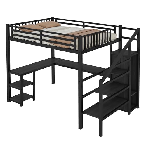 Black Full Size Metal Loft Bed with L-Shaped Desk and USB Port M21822
