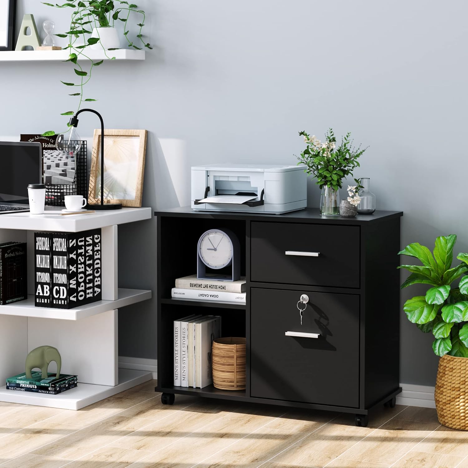 Black Wood Lateral File Cabinet with Lock H30498